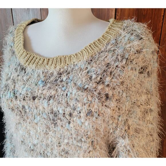 Lauren Michelle Women L Blue Green Fuzzy Pom Pom Sweater Knit Shimmer Lurex Cozy - Picture 4 of 10